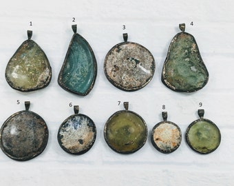 Vintage Roman Glass Patina Silver Soldered Pendants, OOAK, 1pc. 39-74x26-50mm, Rustic