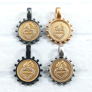 Matte Gold Rhinestone Sacred Heart Bezel Pendants, Charm, Barbed Wire, Black, Matte Gunmetal or Antique Silver, 1pc. 38x26mm, Love, Milagro
