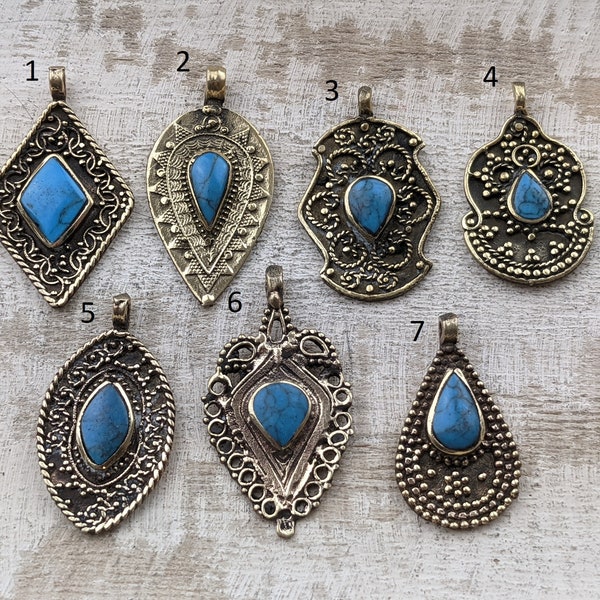 Antique Brass and Turquoise Ornate Afghani Charms, Ethnic, Textured, 1pc. Teardrop, Diamond, Oval, Drop