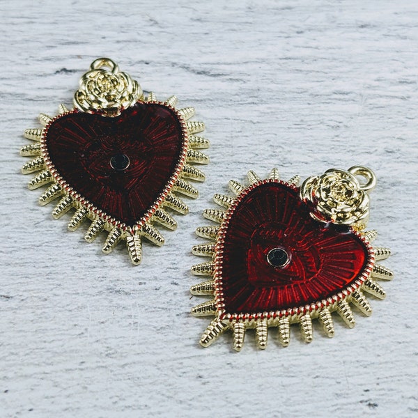 Gold and Red with Rose Evil Eye Heart Charms, Namaste, Red Epoxy, Rhinestone Eye, 2pcs. 32x25mm, Love, Yoga