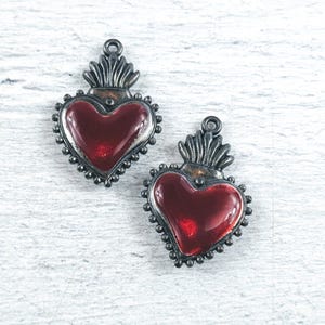Antique Silver and Rustic Patina Red Epoxy Sacred Heart Charms, Flaming, Spiritual, 2pcs. Love, 29x20mm, Puffy Heart