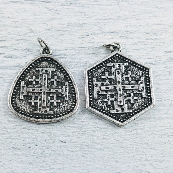 Antique Silver Jerusalem Cross Charm, Religious, Spiritual, 1pc. Ethnic, 25mm