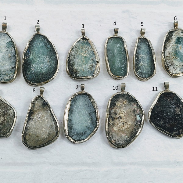 Vintage Roman Glass and Patina Silver Soldered Pendants, OOAK, 1pc. 37-44x14-25mm, Rustic Finish