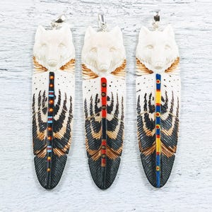 Hand Painted and Carved Buffalo Bone Wolf Head with Feather Pendant, 89x20mm, Ethnic, 1pc.