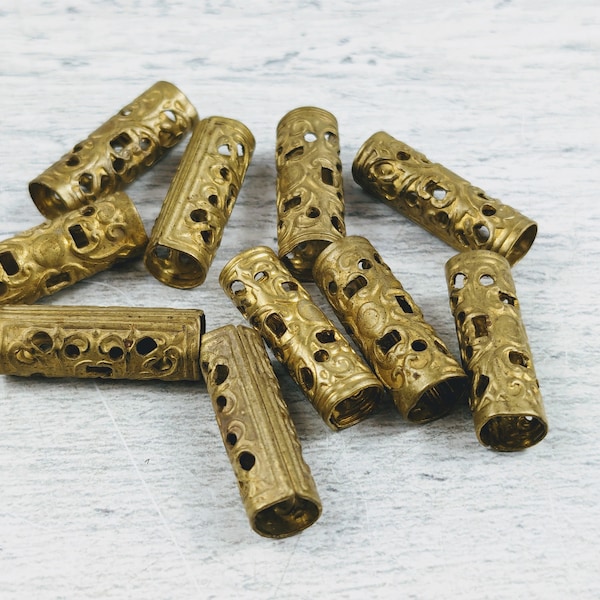 Vintage Brass Plated Filigree Style Metal Tube Beads, 10pcs. Cutout Design, Large Hole, 20x7mm