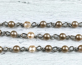 4mm Czech Glass Fire Polished and Pearl Bead Silver Chain, Cream and Satin Taupe Pearl Chain, Rosary Chain, Sold By the Foot