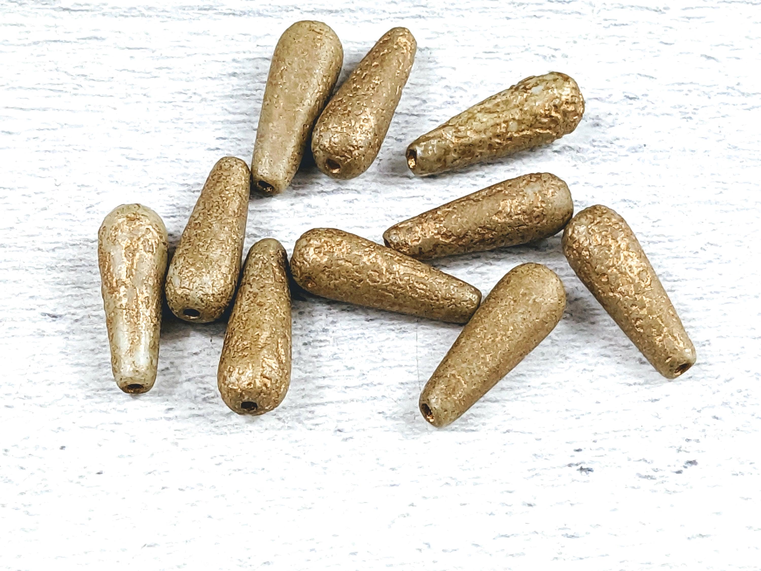Czech Glass Beige with Gold Wash and Etched Design Teardrop Beads, Drop, 6x15mm, 10pcs.