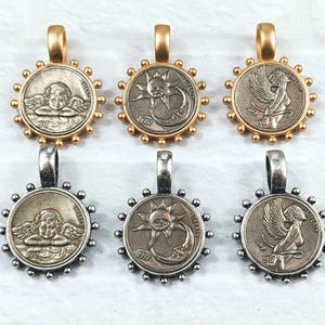 Matte Gold or Antique Silver Replica Coin Pendants, Fairy, Sun Moon or Cherub, Angel, Charms, Medallion, Bezel, 1pc. 38x26mm