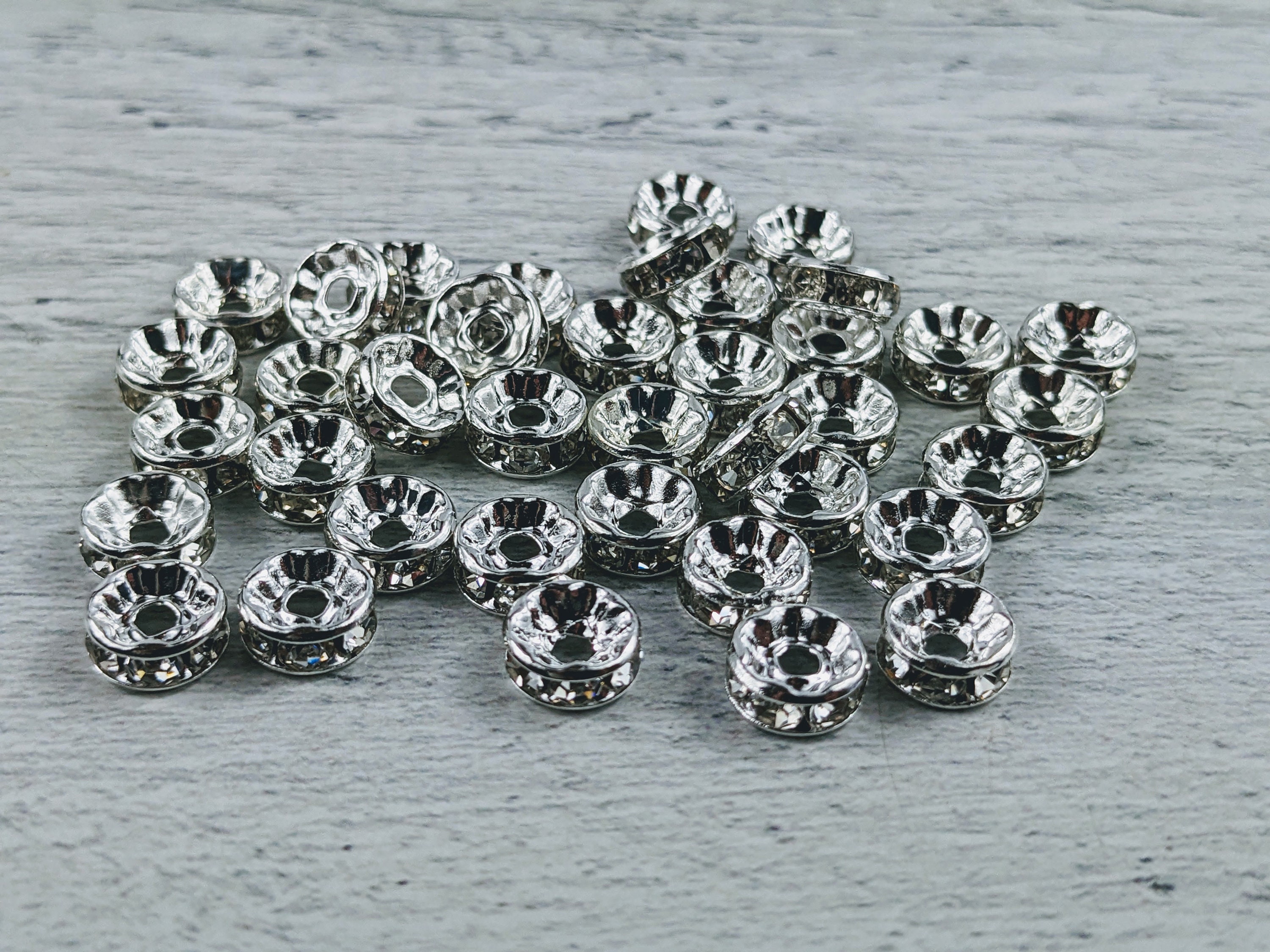 Rhinestone Spacer Beads 8mm Wavy Roundelle Silver White 100 pcs