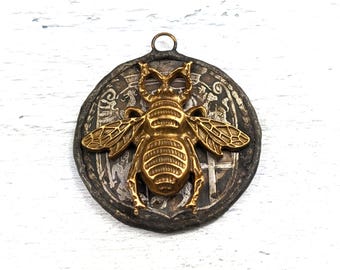 Soldered Bee Relica Coin Pendant, Large, Insect, 43mm