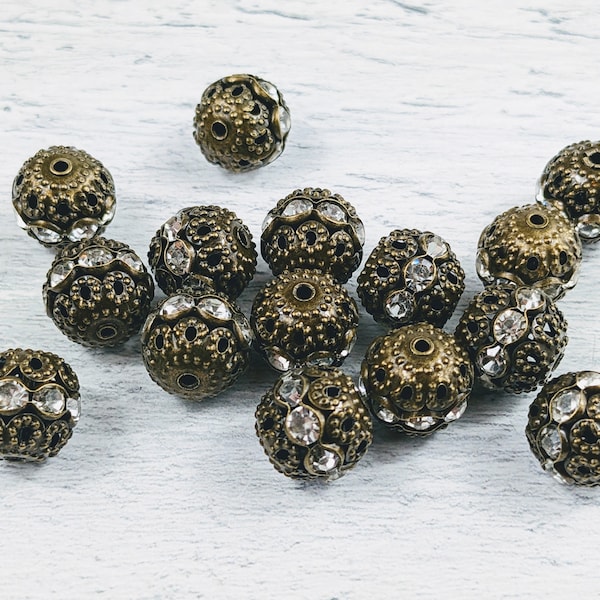 Antique Brass and Clear Rhinestone Filigree Round Beads, Spacers, Ornate, 12mm, 10pcs.