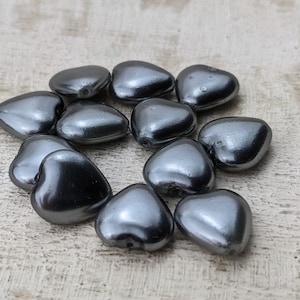 12mm Czech Glass Pearl Hematite Dark Grey Heart Beads, Love, 10pcs.