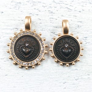 Rustic Brown and Matte Gold Rhinestone Leaf Sacred Heart Bezel Pendants, Charms, 1pc. 44x34mm and 38x26mm, Milagro