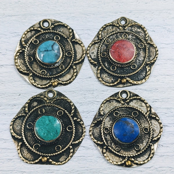 Afghan Brass Metal and Resin Inlay Flower Pendants, Charms, 1pc. Texted and Raised Design,  34mm