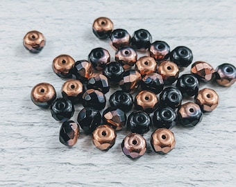 Perles rondelles facettées de mélange de verre tchèque noir et cuivre, 4x7mm, rondell, 36pcs.