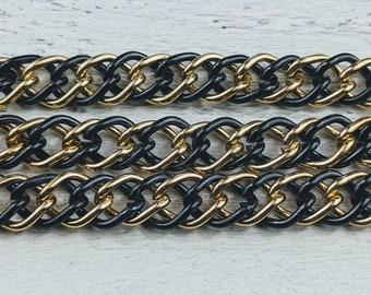 Large Black Enamel and Gold Plated Aluminum Curb Chain, 20x15mm, Lightweight