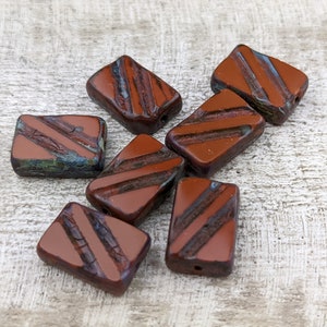 Czech Glass Pipestone Brown Travertine Table Cut Rectangle Beads, 12x8mm, 15pcs. Etched Diagonal Design