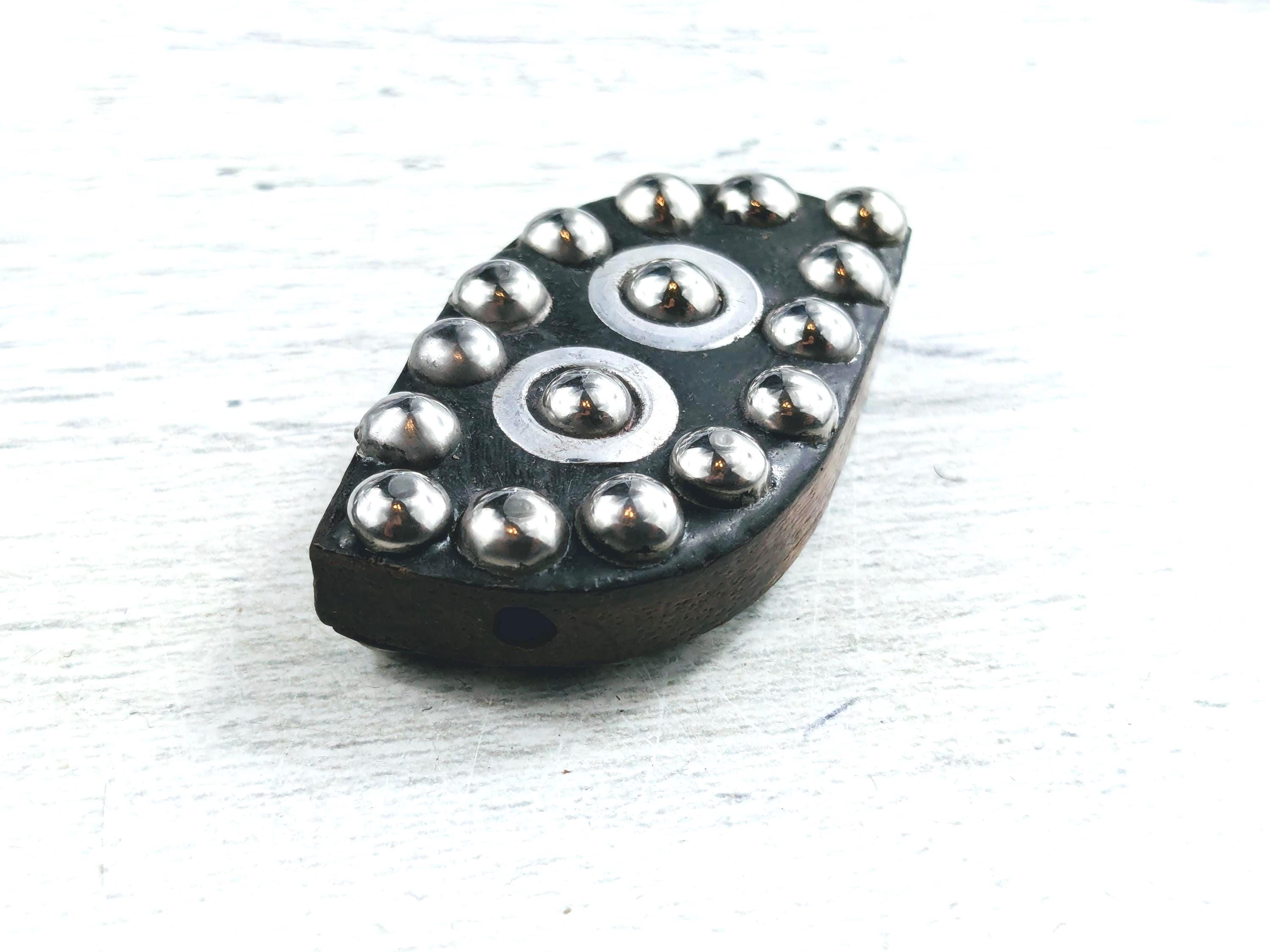 Paisley Inlay Rare Brown Wood and Antique Silver Inlay Dotted Paisley Beads, Double ...