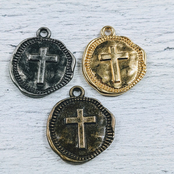 Antique Brass, Gunmetal or Gold Plated Hammered Cross Charms, 3pcs, 22x19mm, Coin Charm, Spiritual, Religious