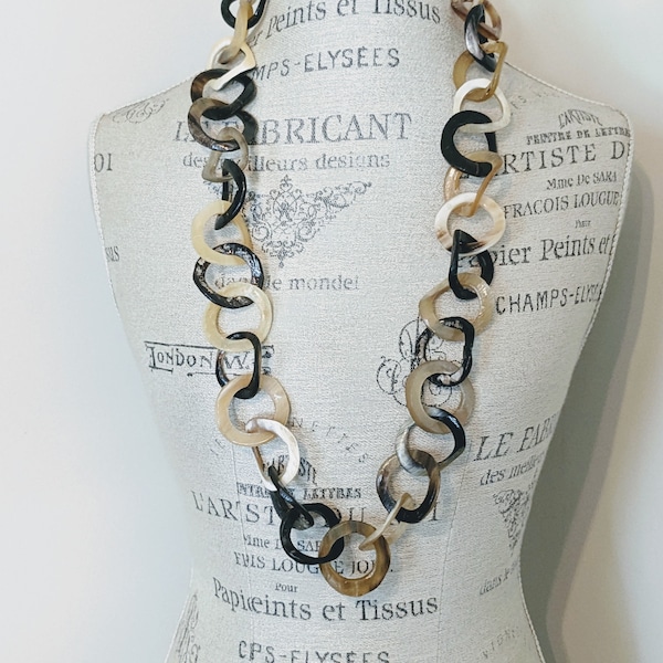 Water Buffalo Horn Round Link Chain, Necklace, DIY, Natural and Black, 35" 34x38mm Links