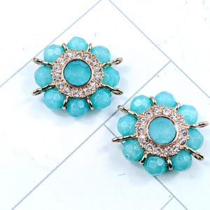 2pcs. Faceted Acrylic Turquoise and Crystal Rhinestones Flower Connectors, Pendant, Gold Plated, 4 Hole Bails,  Lightweight, 32x30mm