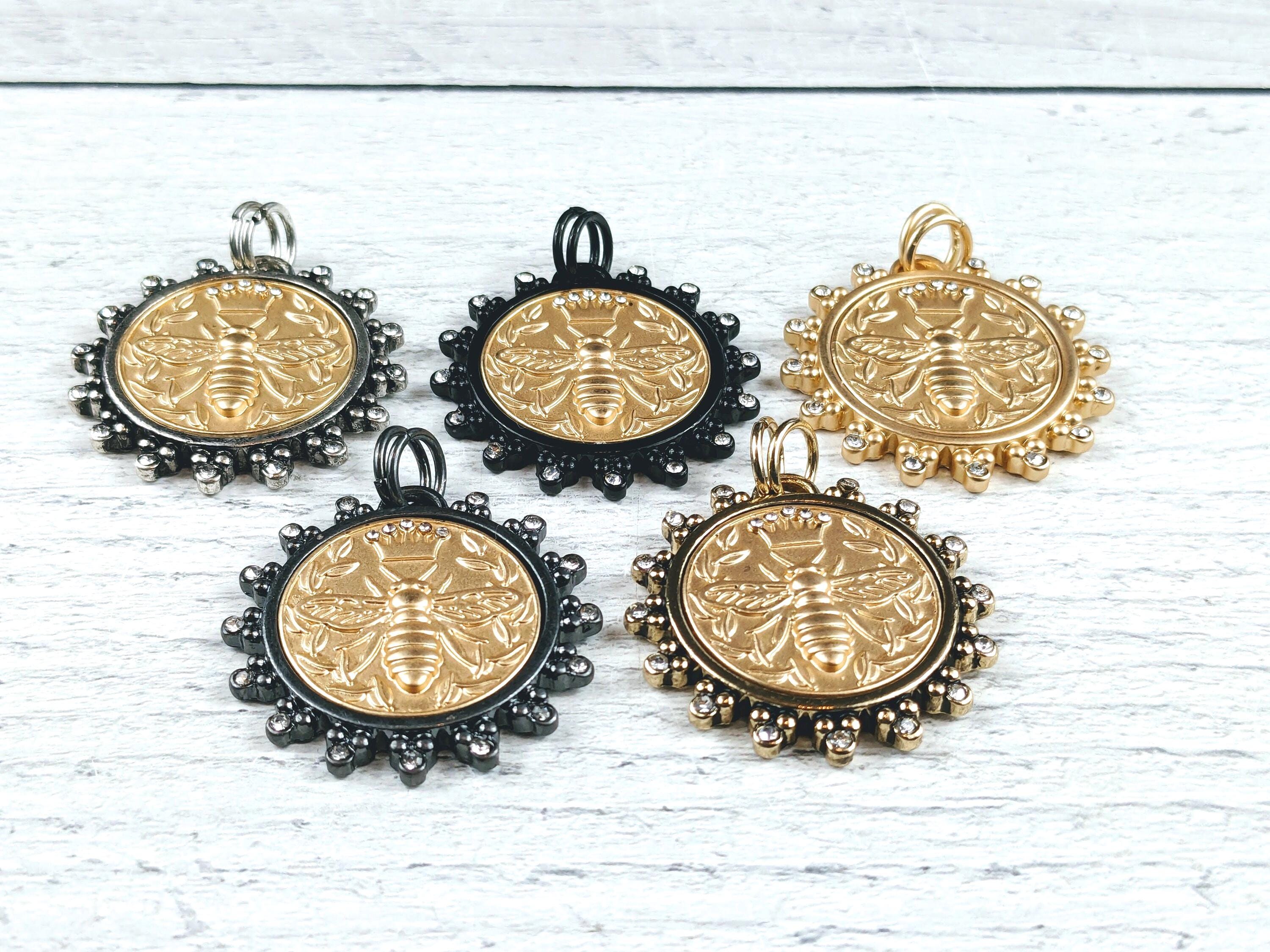 Matte Gold Rhinestone Royal Crown Queen Bee Medallion Charms, Double ...