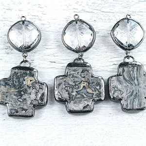 Hand Soldered Grey Jasper and Faceted Crystal Gemstone Pendants, 1pc, 69x32mm