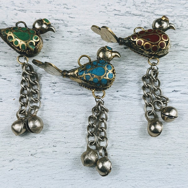 Brass and Jade Bird Pendants, Chain Dangles, Ethnic, Afghani, 1pc, 60x40mm. Blue, Green or Red