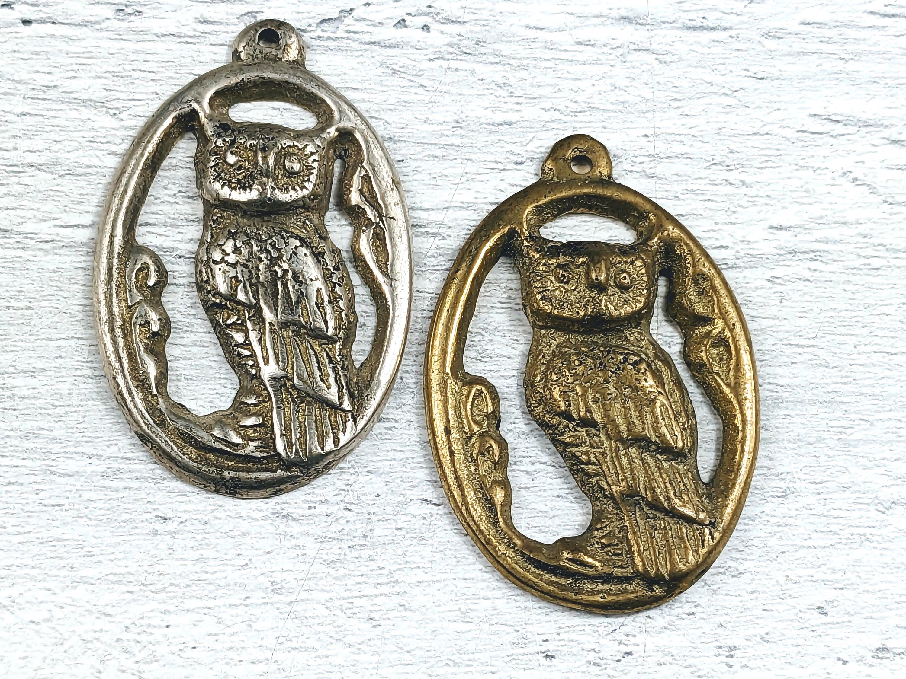 Large Rustic Sold Brass Owl Pendants, Brass or Antique Silver Plated, 52x38mm Textured Design, Bali,