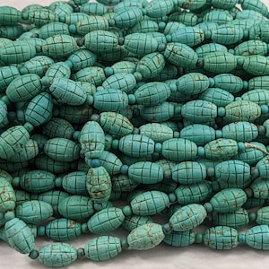 Carved Husaini Turquoise Gemstone Barrel Beads, 21pcs. 15&quot; Strand, 16x10mm, Ethnic