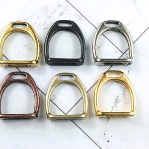 Large Plated Horse Saddle Stirrup Pendants, Connectors, 1pc. Satin Gold, Silver Ox, Rustic Brown, Copper Ox, Brass Ox, Antique Gold, 32x28mm