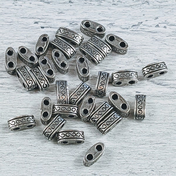 Ornate Antique Silver 2 Hole Spacer Beads, 15x8mm, 20pcs. 2mm Hole