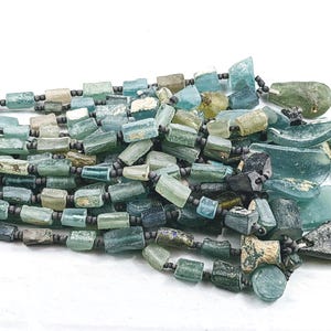 Chunky Square and Rectangle Ancient Roman Glass Beads with Pendant, Greens, Yellows and Blues, Approx. 22 Beads, 8-15mm, Heishi Beads