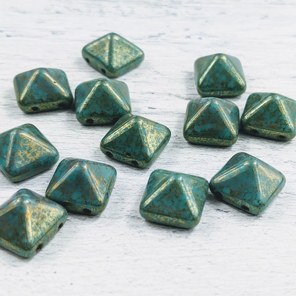 12mm Czech Glass Turquoise Luster Pyramid Two Hole Beads, 12pcs.