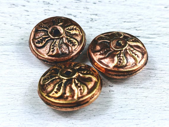 Large Copper Brass Plated Metal Flower Saucer Beads, Disc, Double Sided, 7pcs. 25mm