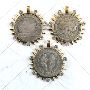 Antique Gold Plated and Crystal Rhinestone Liberty, Love, Horse or Angel Wing Replica Coin Pendants, Medallion, Bezel, 38mm, 1pc.