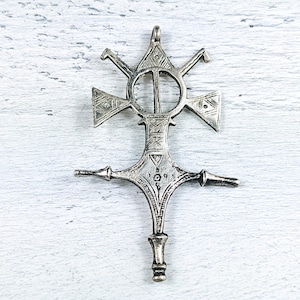 Antique Silver African Cross Pendant, Ethnic, Tribal, Coptic, 76x48mm, Ornate