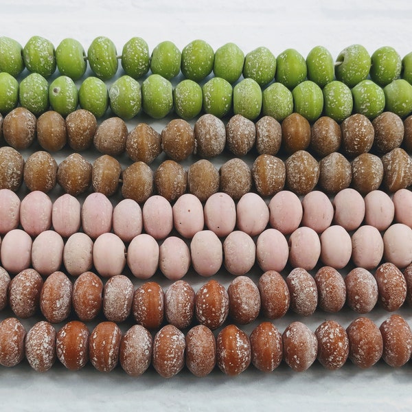 Rustic Indonesian Java Glass Rondelle Beads, Pink, Green, Brown, Rust, 1 Strand, Approx. 55pcs. 2mm Hole, Approx. 15x13mm, Bali