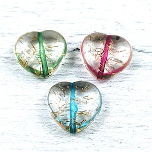 15mm Clear and Pink, Blue, or Green with Gold Flecks Heart Beads, 10pcs, Love