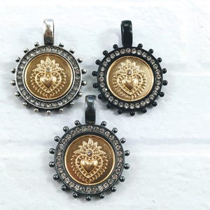 Gold Plated Rhinestone Leaf Sacred Heart Bezel Pendants, Charm, Black, Antique Silver, Matte Gunmetal 1pc. 44x34mm, Milagro
