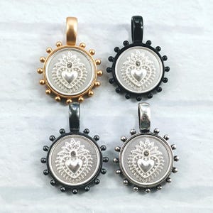 Matte Silver Rhinestone Leaf Sacred Heart Bezel Pendants, Charm, Matte Gold, Black, Matte Gunmetal, Antique Silver, 1pc. 44x34mm, Milagro