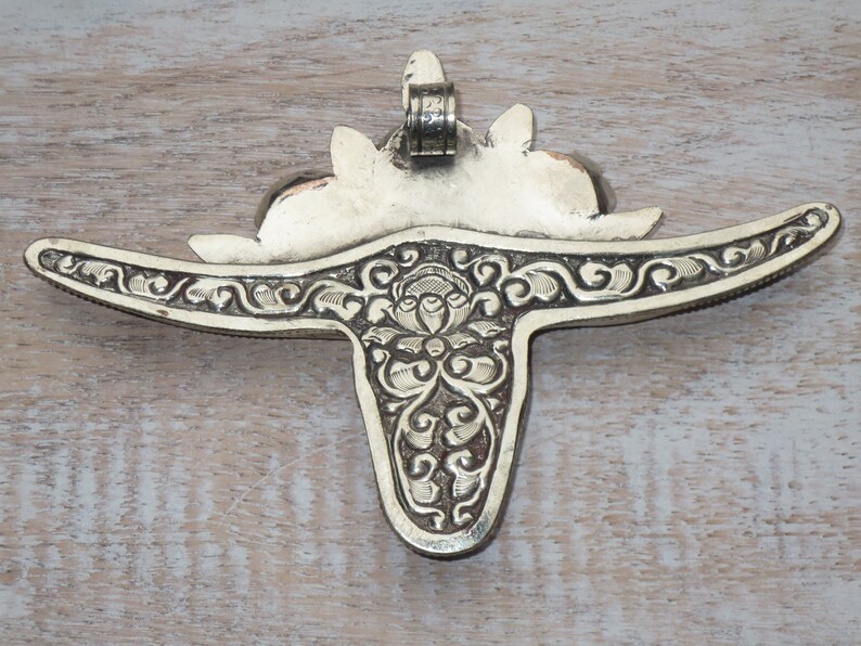 Steer Nepal Bull Bone Flower Pendant Tibetan Silver and Ox Bone Longhorn Repousse Pendant