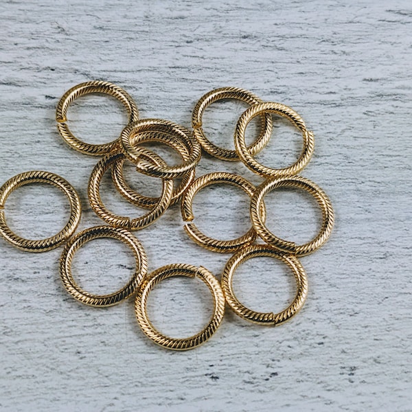 Large 12mm Satin Matte Gold Textured Round Open Jump Rings, 13g, Sturdy Gauge