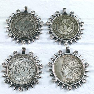 Antique Silver and Crystal Rhinestone Angel Wings, Love, Mermaid or Native Replica Coin Pendants, Medallion, Bezel,  38mm, 1pc.