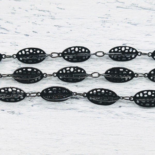 Unique Black Plated Leaf-Like Oval Link Chain, Filigree Style, 2ft. 3D, 12x8mm
