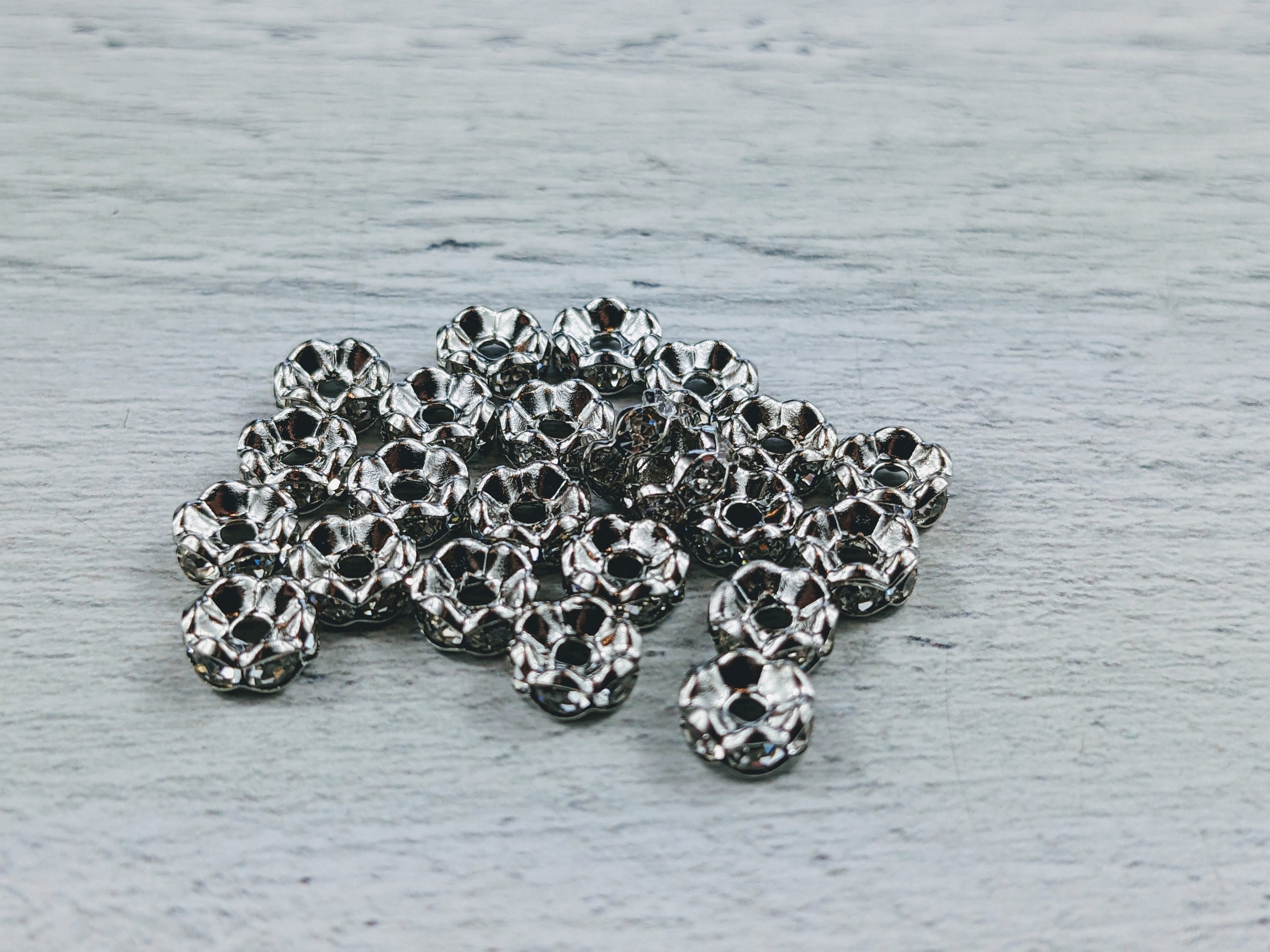 Silver Plated and Clear Crystal Rhinestone Wavy Rondelle Spacer Beads, 4mm,  20pcs.