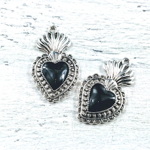 Antique Silver and Black Enamel Milagro Heart Charms, Sacred Heart, 2pcs. Love, 35x21mm, Flaming