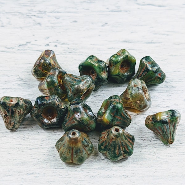 Czech Glass Green and Blue Picasso Bellflower Beads, 8mm, 14pcs.