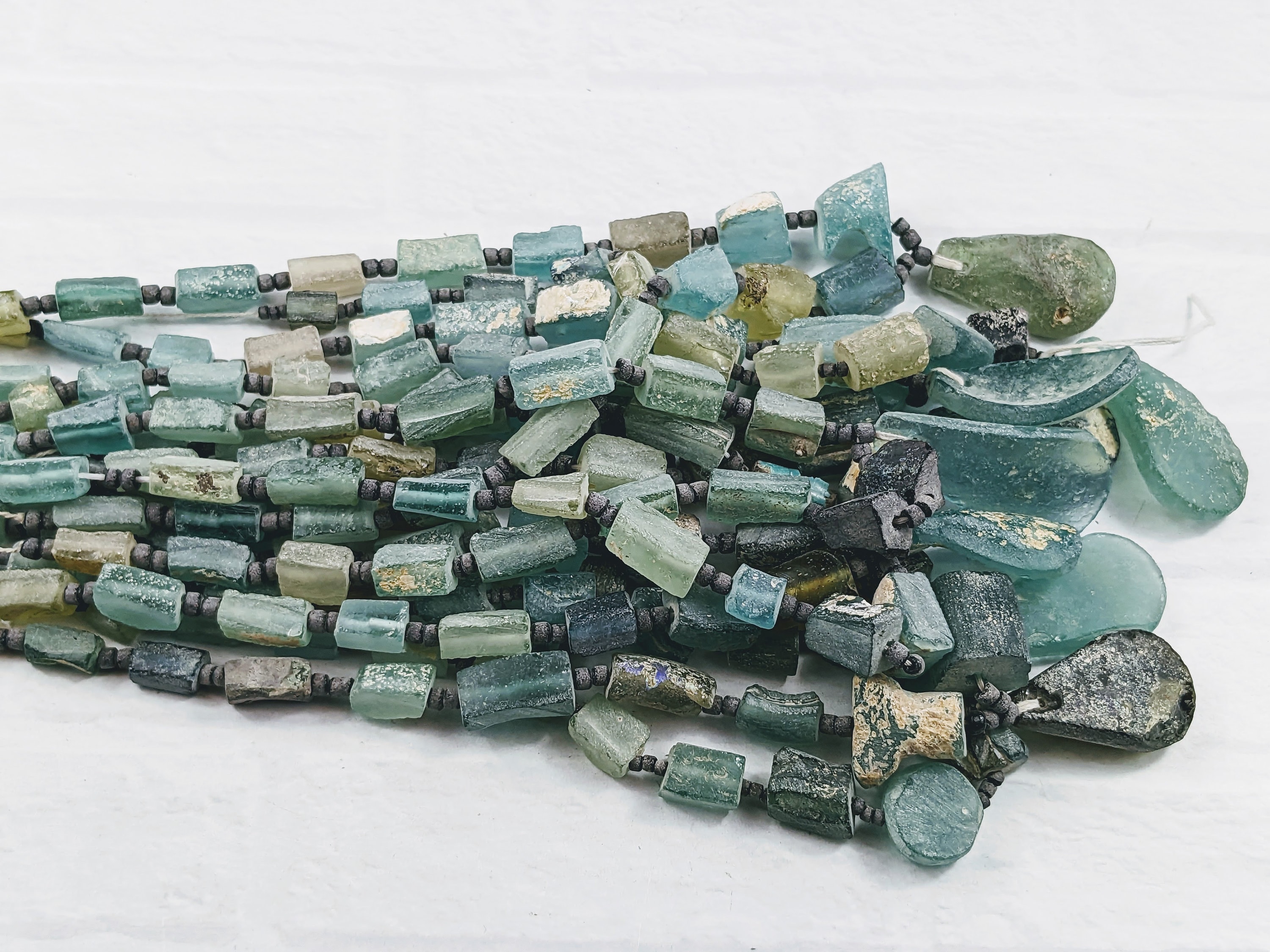 Chunky Square and Rectangle Ancient Roman Glass Beads With Pendant