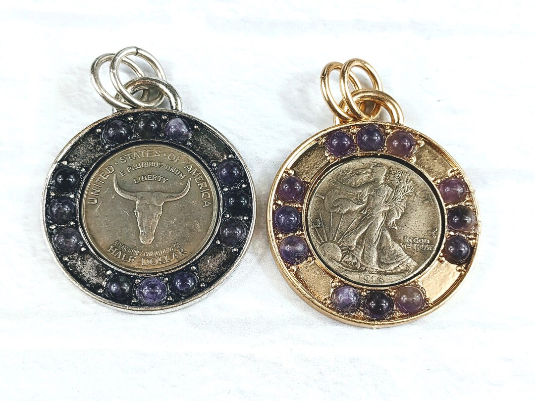 Stone Inlay Coin Antique Silver or Gold Plated With Amethyst Gemstone Inlay Replica ...